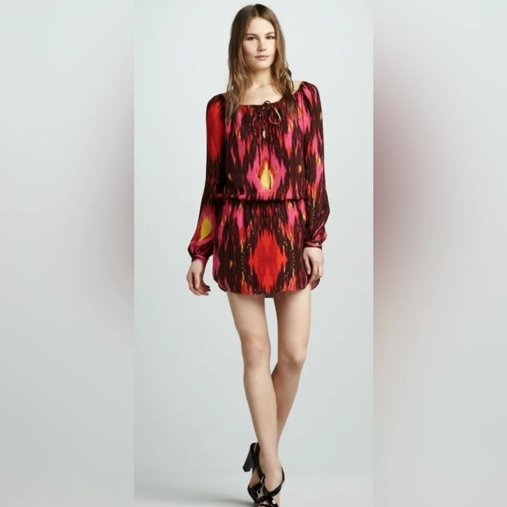 HAUTE HIPPIE HH Silk Haute Hippie Ikat Elevated Basics Red L/Sleeve Tunic Top S - Picture 2 of 16